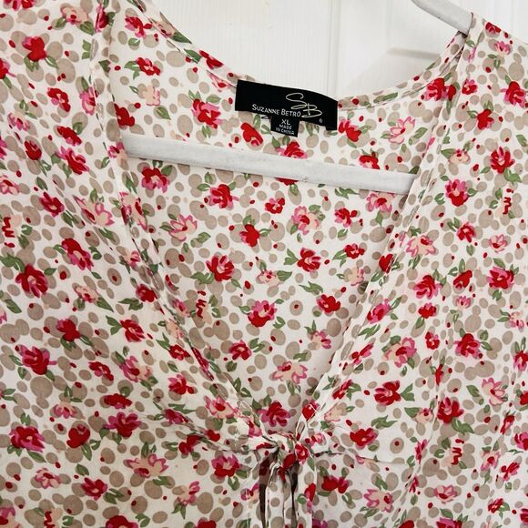 Suzanne Betro Red Floral Billowy Flowy Romantic Cottagecore Blouse Size XL - Picture 2 of 9